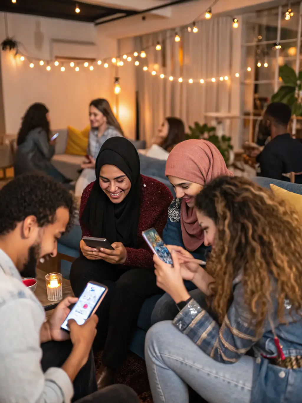 A diverse group of users interacting positively with a mobile app interface, showcasing culturally relevant design elements and intuitive navigation, used to represent Disruptherlabz's Culturally Conscious UX Design service.